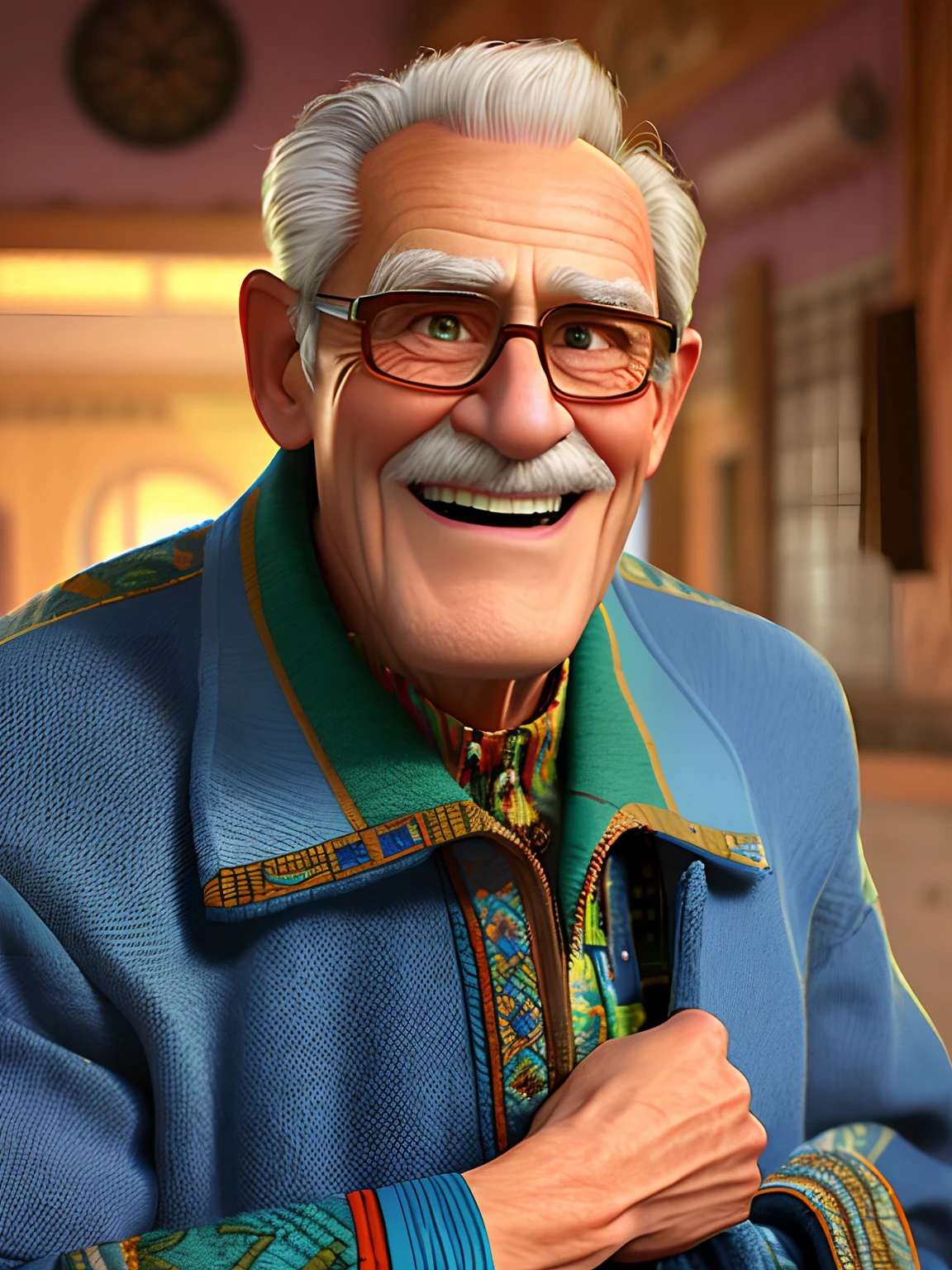 Pixarstyle A waist-high portrait of an elderly man with social clothes, smile, natural skin texture, 4K textures, HDR, intricate, highly detailed, sharp focus, cinematic look, hyper-detailed