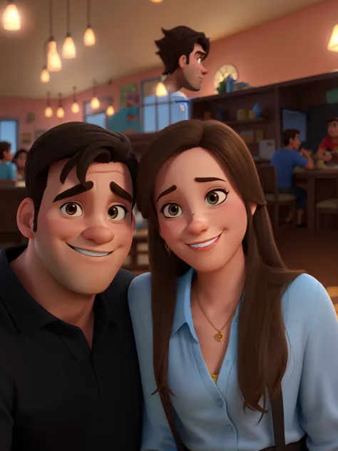 casal homem e mulher no estilo Disney Pixar, alta qualidade, melhor qualidade com por do sol ao fundo