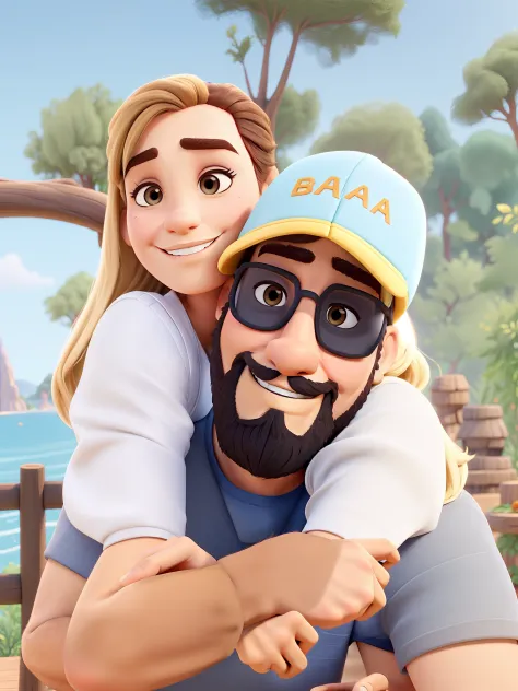 casal homem e mulher no estilo Disney Pixar, alta qualidade, Best quality a brunette man with a full beard medium black a blonde woman with a well-done eyebrow details of the hands tbm and man wears a stump in dark he has mulatto skin