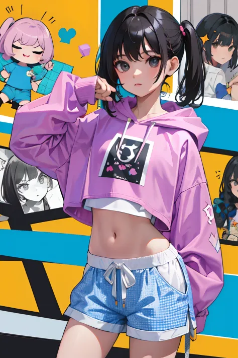 (child)，（​masterpiece，Highest Quality），Crop Top Look，Pastel Hoodie，(Gingham Check Shorts)，A dark-haired，Twin-tailed，World of toy...