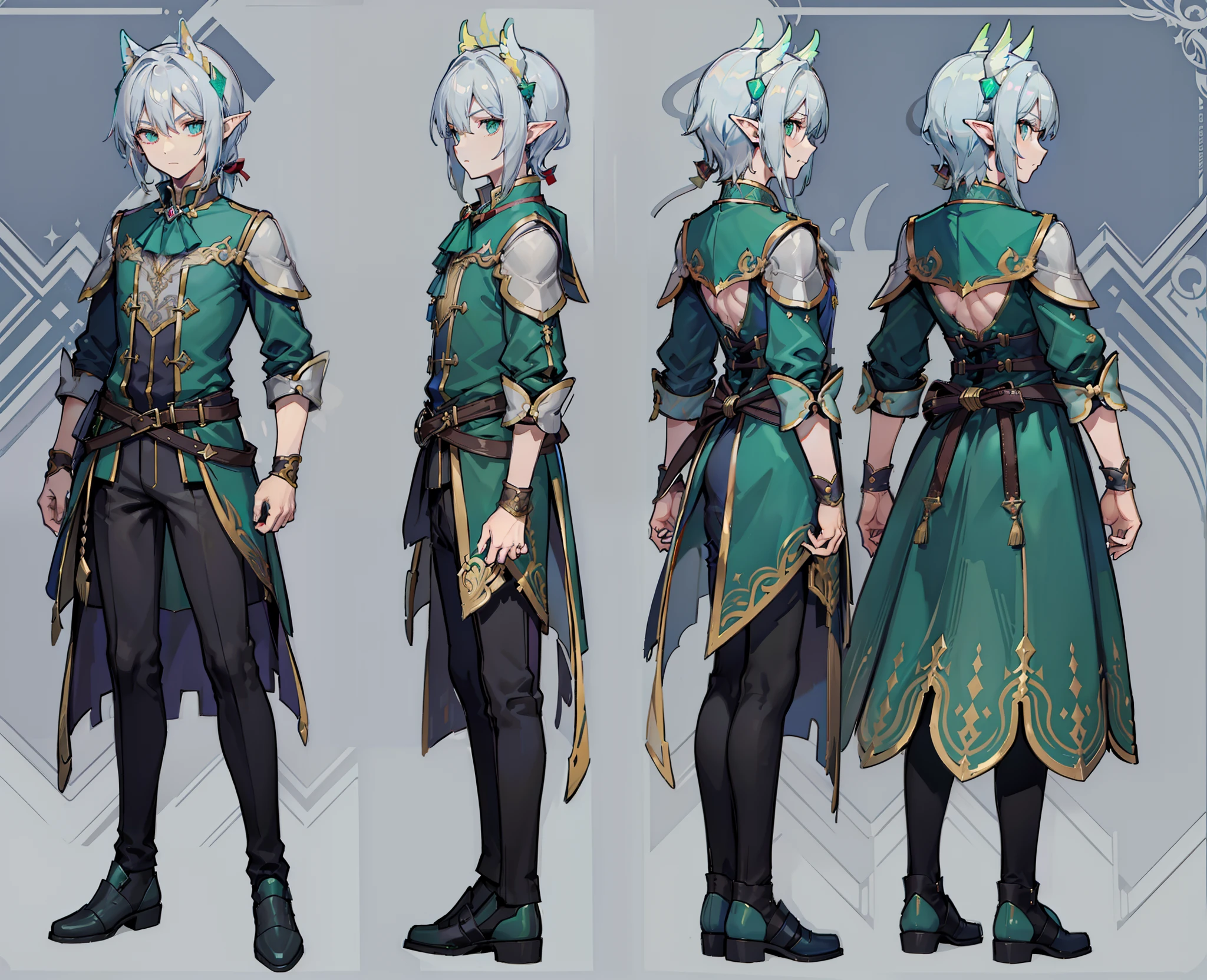 1male people, reference sheet, matching outfits, (Fantasy character design, front angle, side angle, rear angle) medlar, Charming, persuasive, Wise. Average height elves, Long silver hair fell to her shoulders, Pointy ears. with emerald green eyes，Shimmering with a mischievous glow, slender figures, Wear colorful costumes suitable for wandering bards.(Best quality, Masterpiece), 1 boy, 15 three-view diagram, frontage、Back and side, character sheets,full bodyesbian,Simple background,