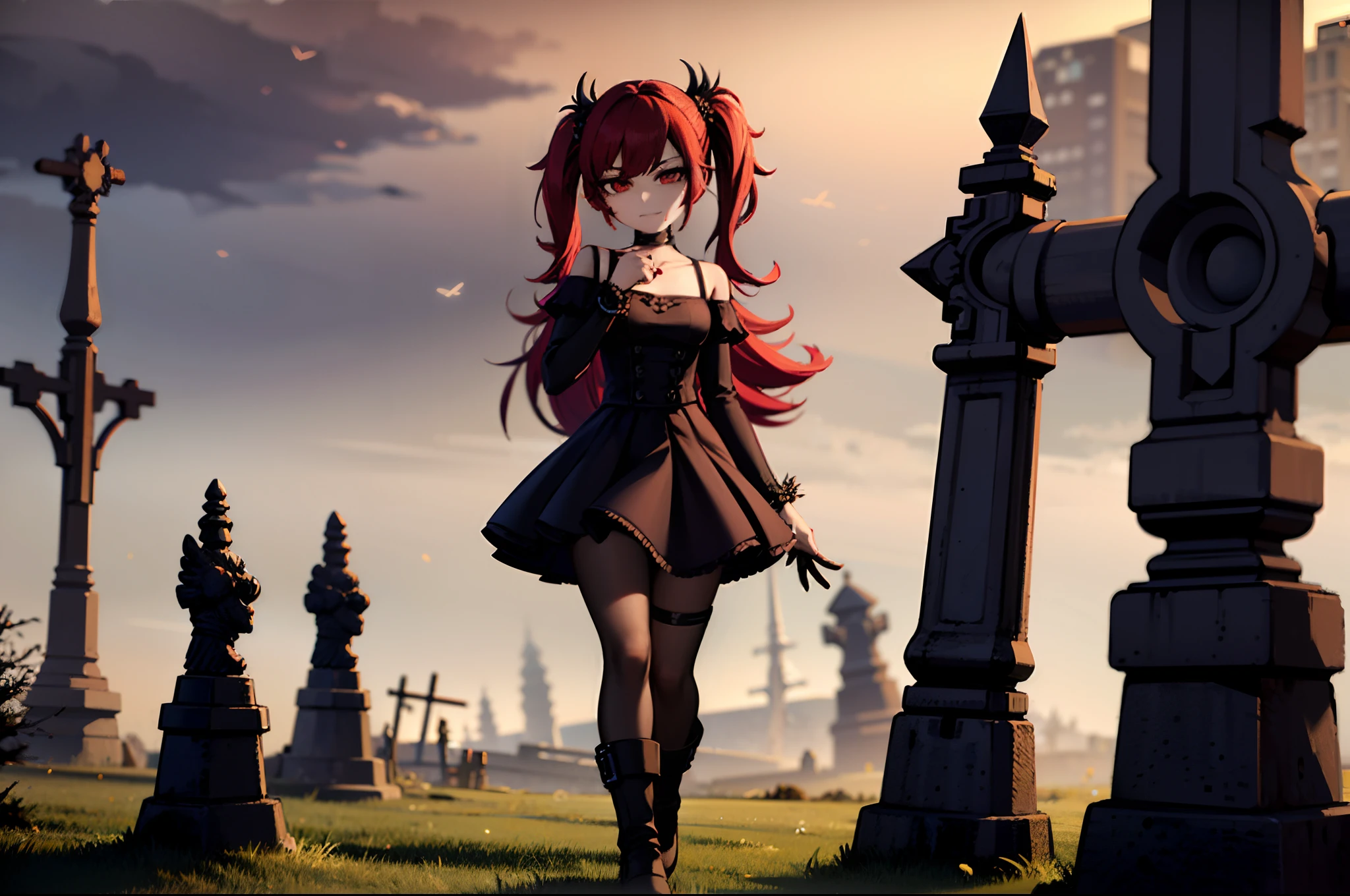 young  woman, red hair, olhos amarelos, vestido preto, Caudas duplas, Botas pretas, ghotic lolita, lo gothic, flores brancas em scenerie, 4k, in a graveyard, 4k, tempo nublado, grey sky, Olhando para o Viewer, Mannequins behind,