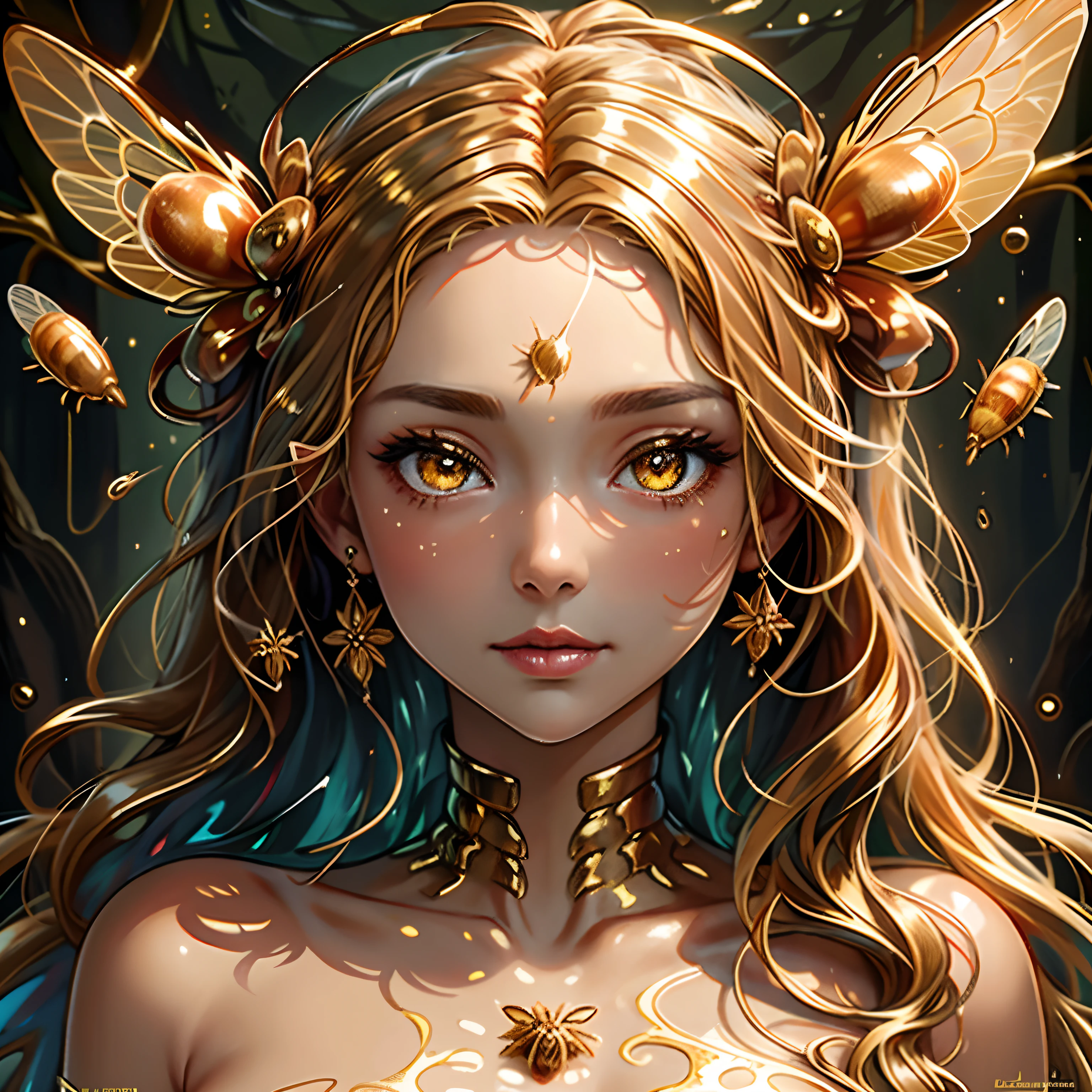 close up,very beautiful cute woman with sparkling colorful golden eyes,face body and hair completely covered in liquid dripping oozy golden honey,hundreds of bees flying around and crawling on her,forest scene