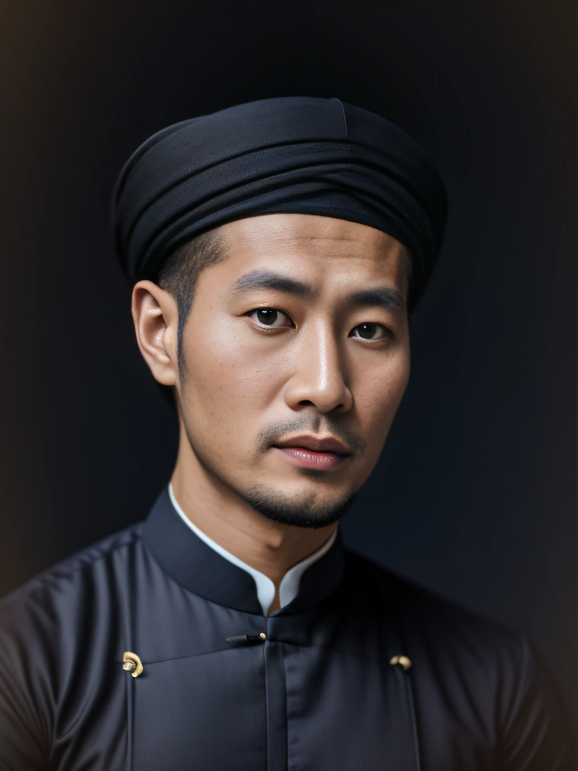 Foto altamente realista, imagem de um homem asiático de 30 anos, turbante vietnamita, (preto) imagem tradicional masculina (ao dai), foto tirada em 1965 com uma câmera Kodak, Fundo azul escuro, (Sem mãos)