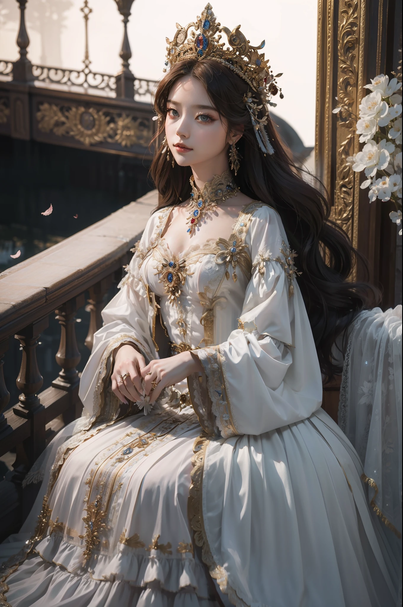 ((top-quality、​masterpiece、photographrealistic:1.4、8K))、1 beautiful detailed girl、extremely detailed eye and face、beatiful detailed eyes、（Complex luxury red dress in medieval European style、Luxurious dress hat in medieval European style）、Luxury accessories、Elegant smile、natta（Depict a scene of a princess standing on the balcony of a castle。Hair swaying in the wind and a dress complement her noble vibe。）、Cinematic lighting、Textured skin、Super Detail、high detailing、High quality、hight resolution、（looking at the viewers）、Petals flutter