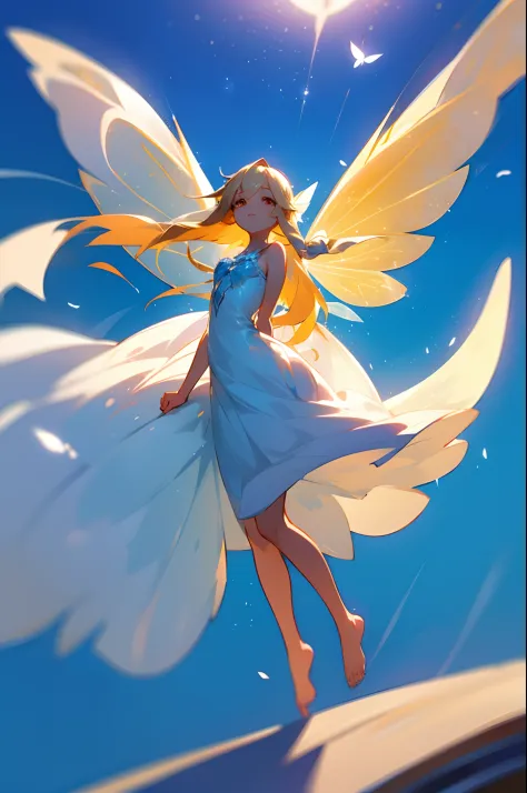 light fairy, blue sky background, full body, white fairy wings, shining light, long blond hair, golden eyes, white dress, flying...