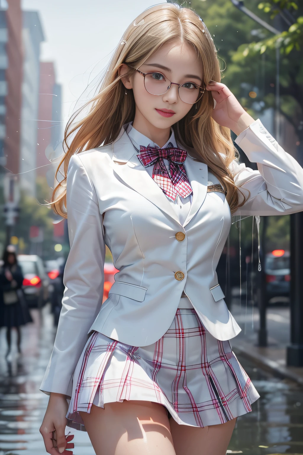 ((High school girl walking in the park))、((White blazer in wet uniform))、((Translucent white blouse、red bowtie、Dark blue checked skirt)). 40k, Photography, masutepiece, Best Quality, dark grey background, ((1 Gorgeous bright wet blonde girl with beautiful eyes, She wears glasses on her beautiful face, )). White skin, Poses variadas.((breasts of medium size,:1.1)), Best Quality, masutepiece, Ultra high definition, (Photorealistic:1.4), Raw photo, (perfect body type), (slim:1.3), Slim abdomen, Perfect slim figure, dynamicposes, (((Full-figured :0.9))), Solo, Cold Light 12000K, Highly detailed facial and skin texture, Detailed eyes, Realistic eyes, Beautiful detailed eyes, (Realistic skin), Attractive, 超A high resolution, A hyper-realistic, Highly detailed,((A smile))、((lift up skirt))、((White panties are visible))、（(she is soaking wet))、