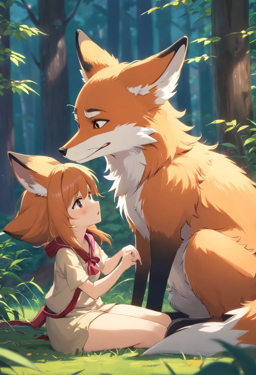 A woman sitting on the ground next to a fox in a forest - SeaArt AI