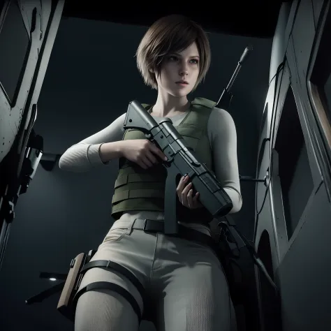 beautiful face, shy, short bob brown hair, perfect face, Rebecca chamber from resident evil, white jeans, green vest Long-sleeved dirty, holding a gun