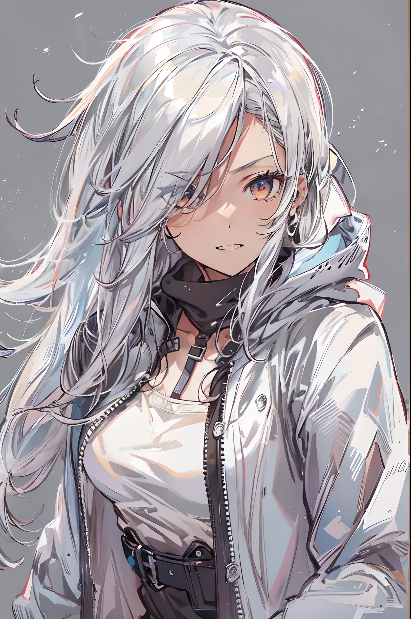 1girl, {solo}, upper body ,{{ {looking at viewer}}},  arm at side, concept art, white background, simple background, white hair, silver gradiient hair , complex  cloth, asymmetrical clothes, virtual youtuber, best quality, masterpiece, dynamic angle, guilty gear, guilty gear, guilty gear, cowboy_shot, looking_back, grabbing, girl,woman,female, young,20 years old, very long hair, flipped hair, silver hair, flowing hair, ahoge, smirk, beautiful and delicate golden eyes, teeth, medium_breasts, blonde eyes, white skin, coat, hoodie, black_shorts, grey Clothes, transparent_background, backlighting, absurdres, highres, ultra detailed,