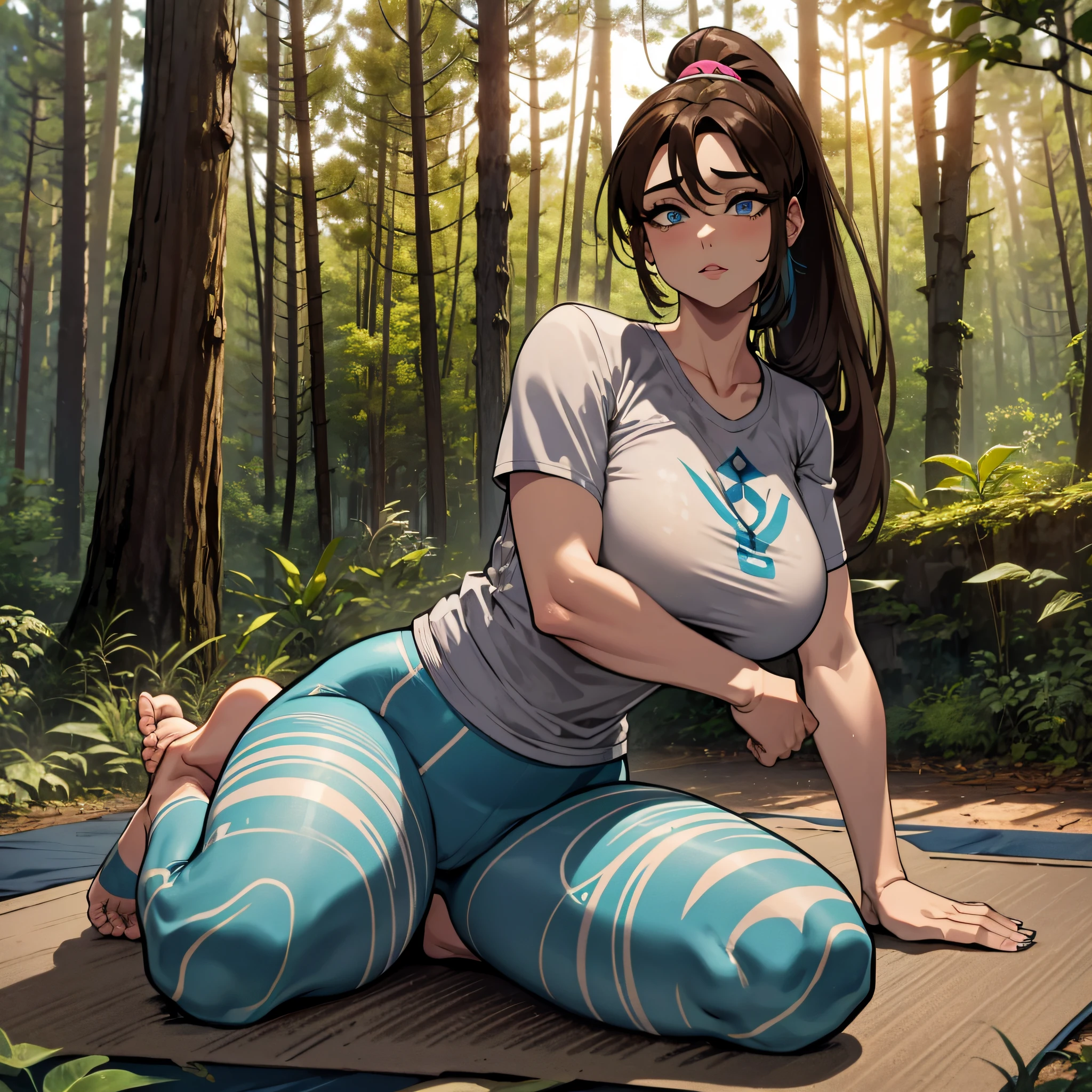 woman with brown hair, beautiful detailed blue eyes, bown ponytail, yoga pangs, yoga shirt, in woods on a yoga mat, curvy, large chest, perfect hands, perfect feet, perfect face