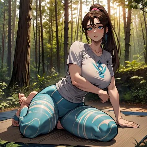 woman with brown hair, beautiful detailed blue eyes, bown ponytail, yoga pangs, yoga shirt, in woods on a yoga mat, curvy, large...