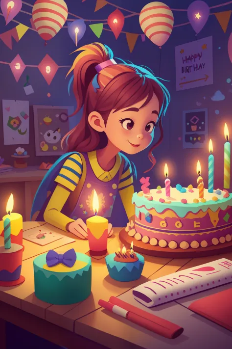 There is a young girl holding a birthday cake at her desk，There are candles on it, stunning digital illustration, lovely digital...