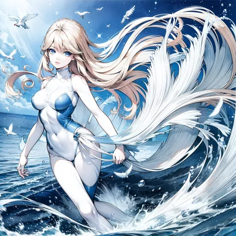 (best quality),manga illustration,1girl,solo,bbardot,in bodysuit,beautiful detailed eyes,beautiful detailed lips,extremely detailed eyes and face,long eyelashes,jumping off the edge of marine dock,landing in the water,fluid motion,energy,excitement,blue an...