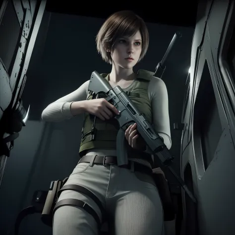 beautiful face, shy, short bob brown hair, perfect face, Rebecca chamber from resident evil, white jeans, green vest Long-sleeved dirty, holding a gun