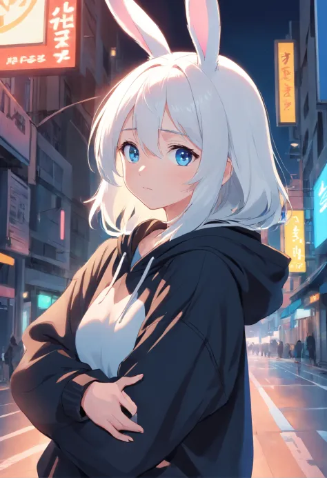 A cute bunny woman with white hair and blue eyes in an oversized black hoodie, shy, embarrassed, nervous