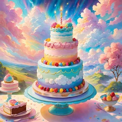 Blessings from angels､Bright background、Heart Mark、happy birthay、Tenderness､A smile、Fantastic fairytale birthday cake plate，The ...