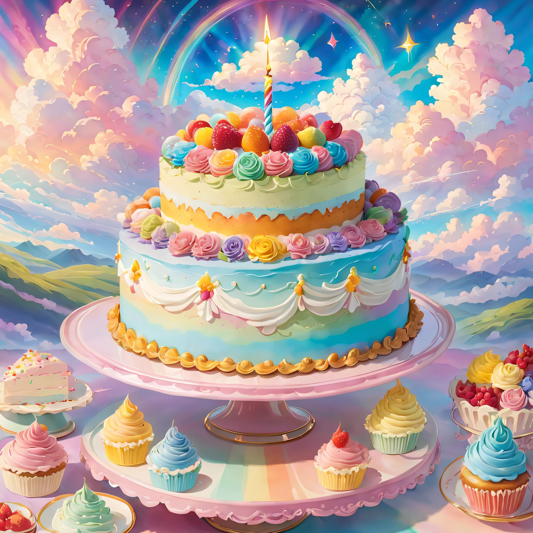 Blessings from angels､Bright background、Heart Mark、happy birthay、Tenderness､A smile、Fantastic fairytale birthday cake plate，The painting can have a dreamlike tranquil vibe, Soft clouds and a brightly colored RGB color palette, (Studio Ghibli-like colors, Cinematic lighting, First-person perspective, Angle, panoramic, Ultra-wide angle, Ultra-high definition, Anatomically correct, masterpiece-quality, Selected, Award-winning, Best quality, Extremely colorful, highestdetailed, Close-up of details, Capture every delightful detail of the cake)