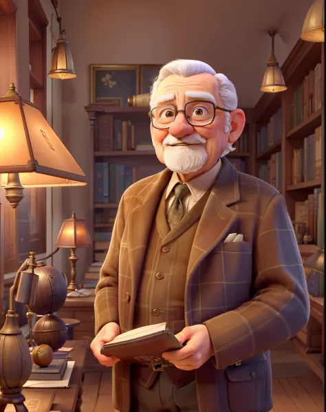 (highres:1.2),a wise old man standing in front, (studio lighting,softly lit) illuminated by the light of a lamp, against the backdrop of a library, (antique atmosphere,vintage vibes).