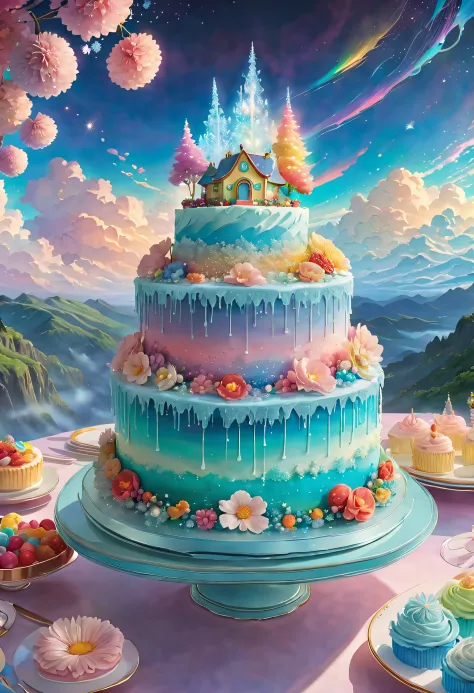 (Imagine that，A dreamy fairytale birthday cake hovers over the dining table，The color of the reflected light，The cake connects d...