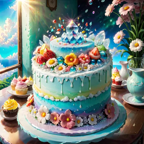(Imagine that，A dreamy fairytale birthday cake hovers over the dining table，The color of the reflected light，The cake connects d...