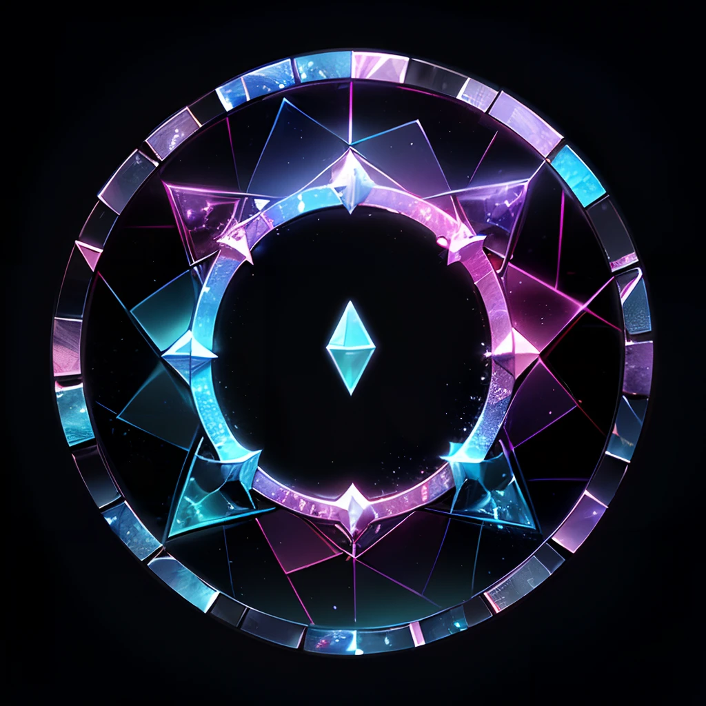 (((transparent shining, tokenframe, smooth empty round frame, symmetrical refined elegant round frame, ))) ((((black background)))), ((D&D wizard themed, )) ((((holographic intricate magic schemes, geometrically correct holographic magic_circle made of triangle-shaped non-existent runes, transparent crystalline magic with glowing holographic counters)))), purple|cyan|red geometric flares, magical sigils, esoteric symbols, sharp abstract magic, mostly lilac-blue shades, (complex angular patterns in the frame), (((there is nothing inside the frame))), starry night theme ,  cosmic motives, the magic of time dilation, the texture of broken glass, transparent shining fluorite pattern round frame, empty background, white little stars
