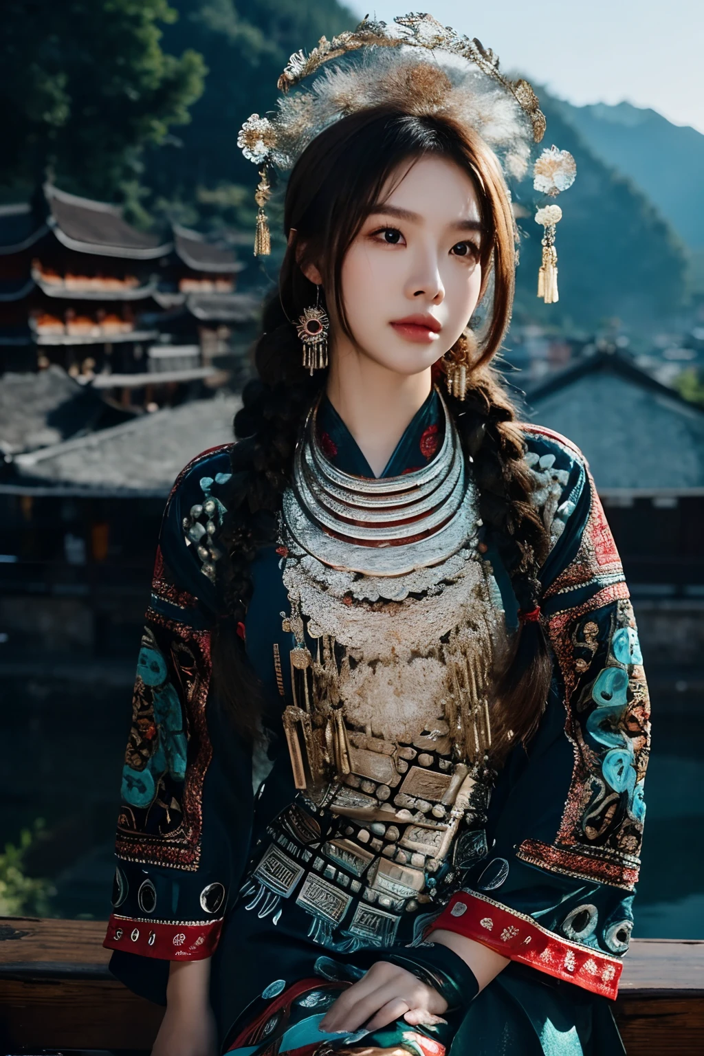 Miao Jin,Hmong,1girll,Solo,jewelry,Brown hair,architecture,ring,Bracelet,east asian architecture,hair adornments,Beads,Brown eyes,Outdoors,necklace,Building,Snow,Long hair,Sitting,dress,traditional garb,Earrings,Lips,A high resolution,Extremely detailed,Best quality,Masterpiece,illustration,An extremely delicate and beautiful,Extremely detailed,CG,Unity,8K wallpaper,Amazing,finedetail,Masterpiece,Best quality,offcial art,Extremely detailed Cg Unity 8K wallpaper,light in face,Cinematic lighting,Upper body,