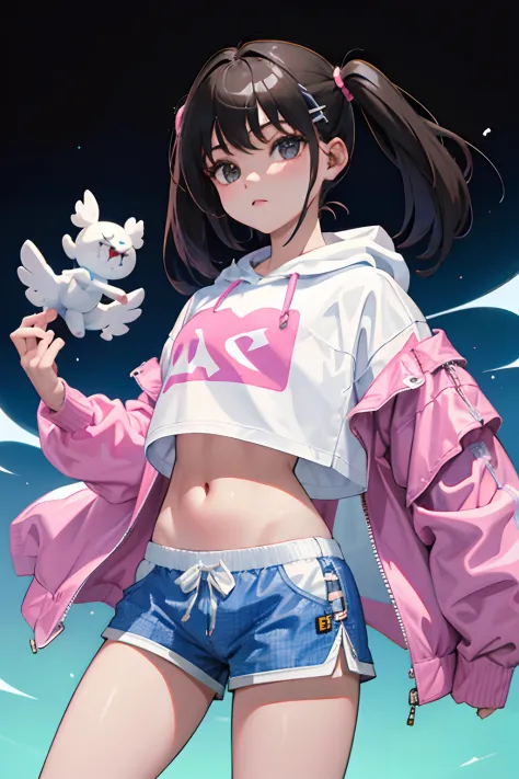 (child)，（​masterpiece，Highest Quality），Crop Top Look，Pastel Hoodie，(Gingham Check Shorts)，A dark-haired，Twin-tailed，World of toys