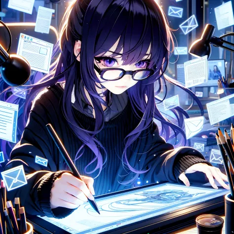 Anime girl wearing glasses writing on tablet in a dark room, anime moe art style, Anime art wallpaper 8k, anime art wallpaper 4k...