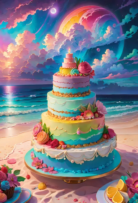 (best quality,8k,highres,masterpiece:1.2),dramatic lighting,bright beach on a stunning cake,full moon,hp Lovecraft style,cute de...