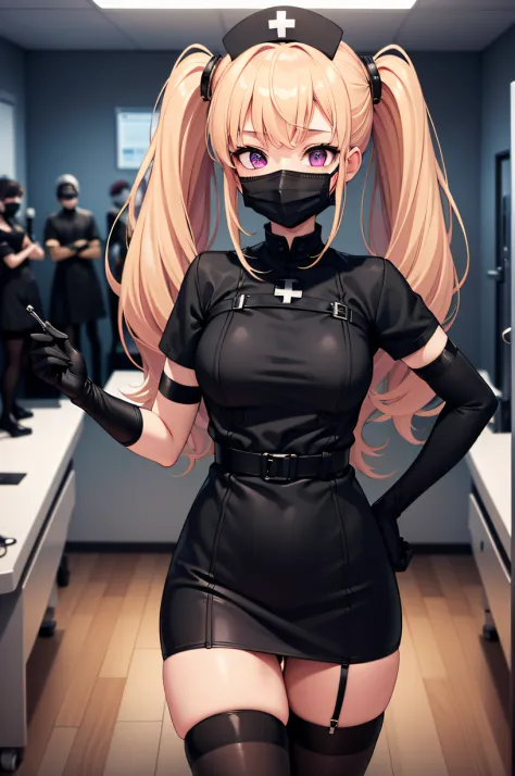 black nurse, 1girl, solo, black nurse cap, black wear, ((black legwear, zettai ryouiki)), black elbow gloves, twintails, yellow ...