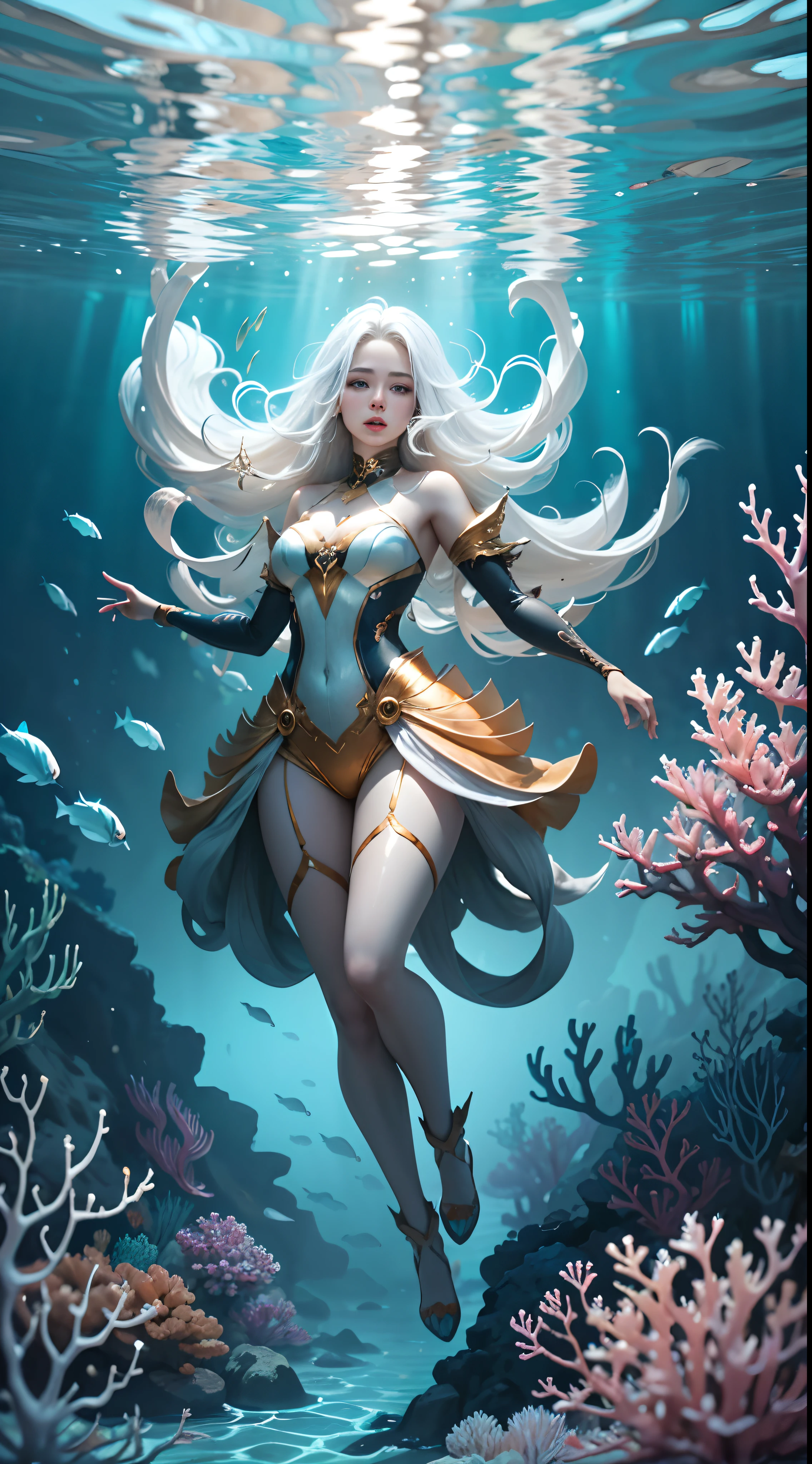 Conceptual art of marine life, Undersea landscape, Marine life，Beautiful coral reefs come in different shapes, 3D，, Fish, Female animated fantasy illustration. Long white hair scattered in the sea, Drift, Very harmonious. The whole painting adopts a messy and imaginative painting style. The colors are bright and saturated, And with smooth lines. The mystery and beauty of the ocean, The painting depicts an underwater world full of life and vitality, Animated art wallpaper 8 K, full body, closeup, Dynamic poses, golden gown
