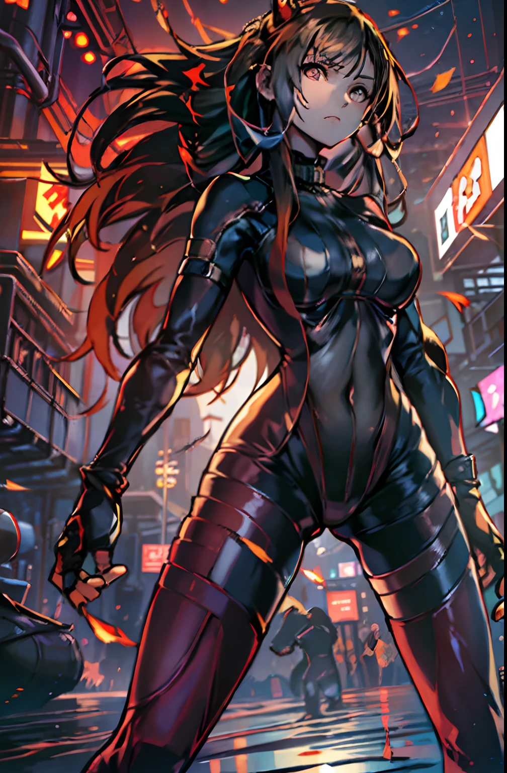 Cyberpunk girl in coat,Racing Wear，brunette color hair，Dewy，legs are open，Hands raised，hands raised overhead，musculature，Nakednesusculature，Gel coat，fansty world，background inside dark，musculature，Pubic hair shows through，Clean design，Epic Instagram，art  stations，Colorful paint splashes，contours，Hyper-detailed intricate details，unreal-engine，fanciful，Complicated details，splash image，complementary colours，fantasy concept art，8K resolution，A masterpiece of deviantart，oil painted，Heavy strokes，paint drips，（Isolate on a white background：1.3），Rainbow skins，, ((Teenage:1.5)), , ((black-clad)), (\\(Indifferent expression\\),, (((Dressed in modern attire))), A head of red hair，nedium breasts， tightsuit， looking at viewert， mediuml breasts， face expressionless， Cover the navel， thigh gap