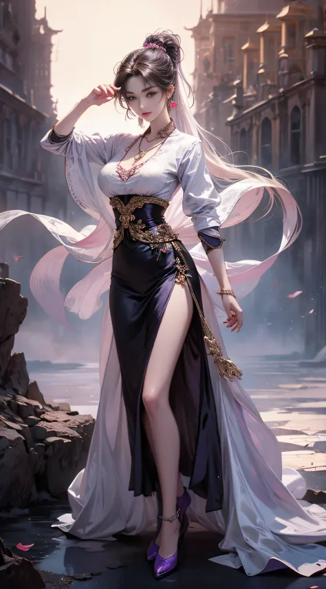 1 beautiful girl in Han costume, ((White thin purple silk shirt，Full of texture)), white lace top, Long purple platinum ponytail...
