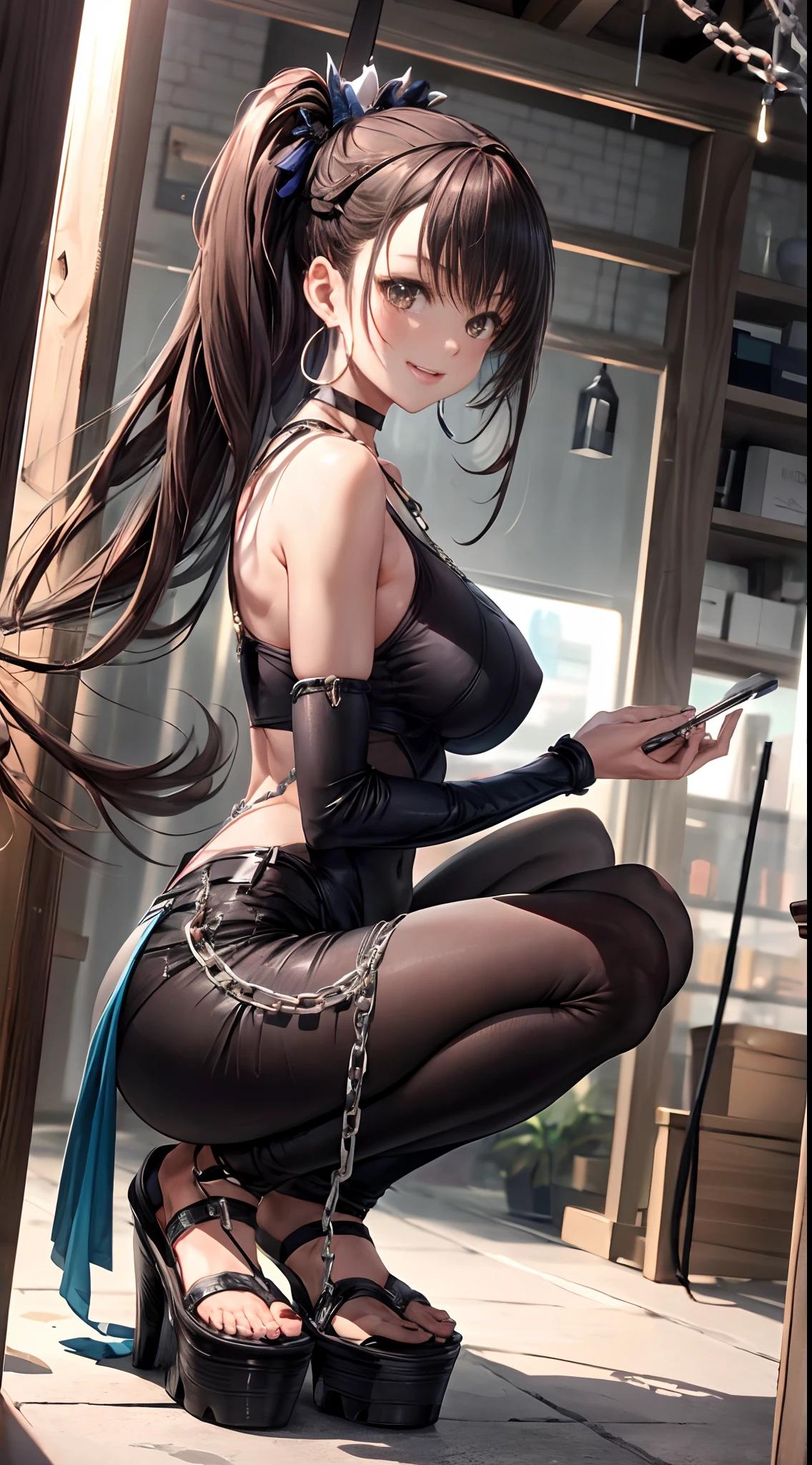 masterpiece, best quality,1girl,young girl,brown eyes,long hair,mesugaki smile,shiny skin,(nice long leg line:1.3),thick thighs, thin waist, huge breasts
BREAK
, Black_bodysuit, high-waisted_shorts, platform_sandals, chain_choker_necklace, hoop_earrings,
BREAK
, Department_store,,crowd,depth of field,looking at viewer,squatting,from side,upper body,legsupsexms