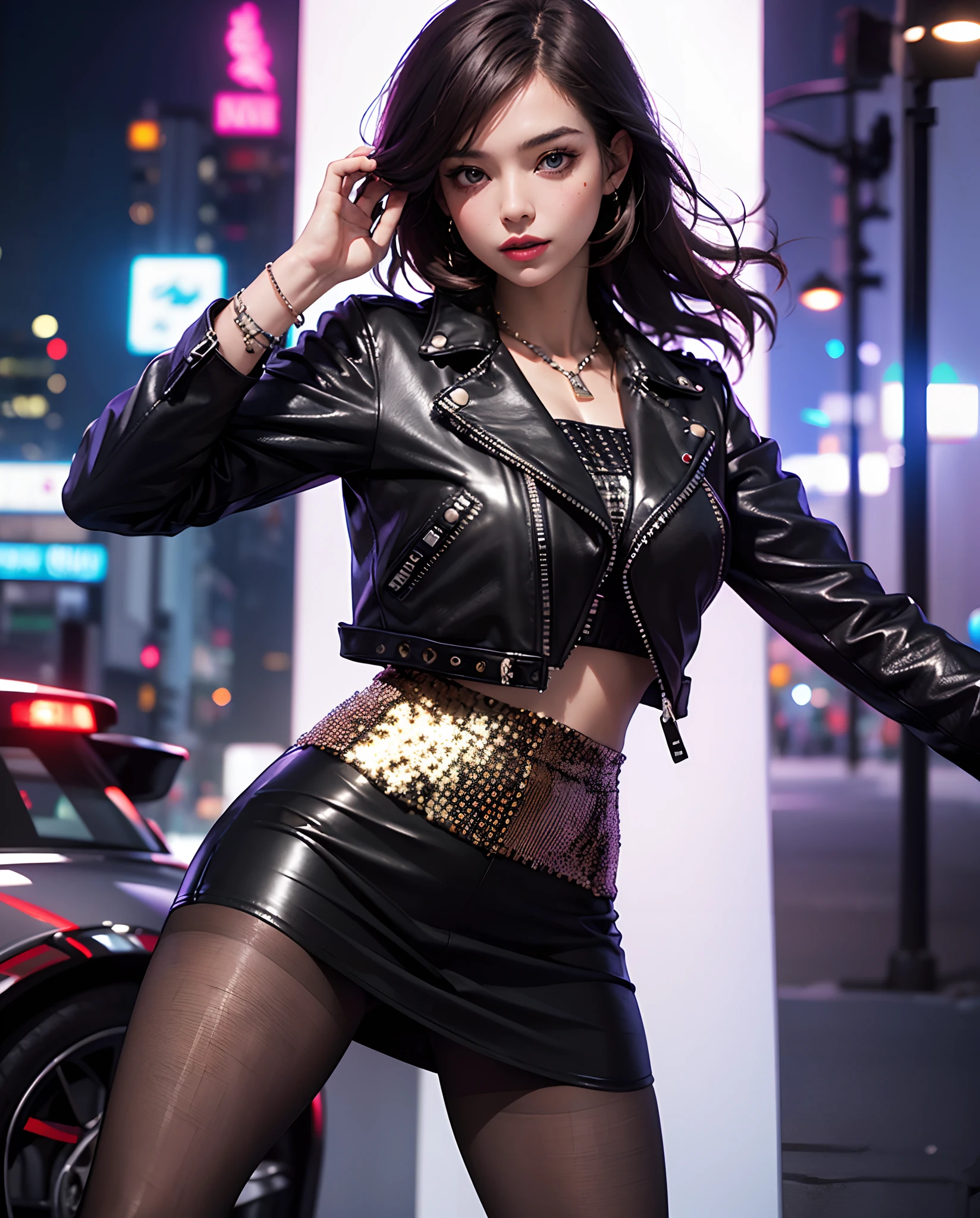 Araffe woman in a black leather jacket and skirt posing in a city ...