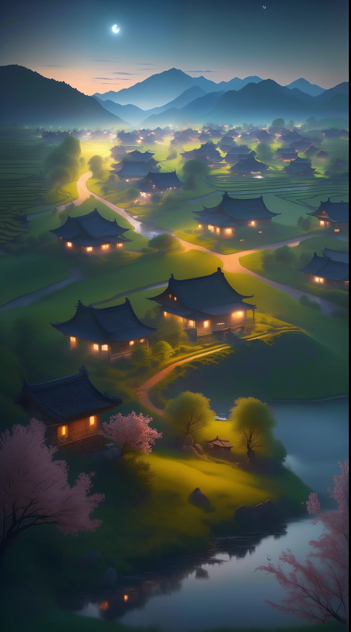 (best quality,4k,8k,highres,masterpiece:1.2),ultra-detailed,(realistic,photorealistic,photo-realistic:1.37),rural night scene with Chinese countryside elements,traditional Chinese landscape painting style,tranquil atmosphere,serene moonlit night,peaceful village life,harmonious blend of nature and human settlements,farmlands with golden crops swaying in the gentle breeze,starlit sky illuminating the vast fields,traditional Chinese houses with curved roofs and white walls,soft and subtle hues of blues and grays,majestic mountains in the distance,crimson lanterns casting warm and inviting glow,narrow cobblestone pathways leading to small wooden bridges,reflective lotus pond with delicate blossoms,gentle smoke rising from traditional brick chimneys,smell of freshly harvested crops lingering in the air,soothing chirping of crickets and croaking of frogs,lush trees lining the village outskirts,traditional farmers tending to their fields wearing straw hats and hoes,tranquil river flowing gracefully beside the village,traditional Chinese paintings adorning the walls of the houses,magical and nostalgic ambiance,peaceful and idyllic setting,Chinese countryside's serene beauty captured with artistic elegance.