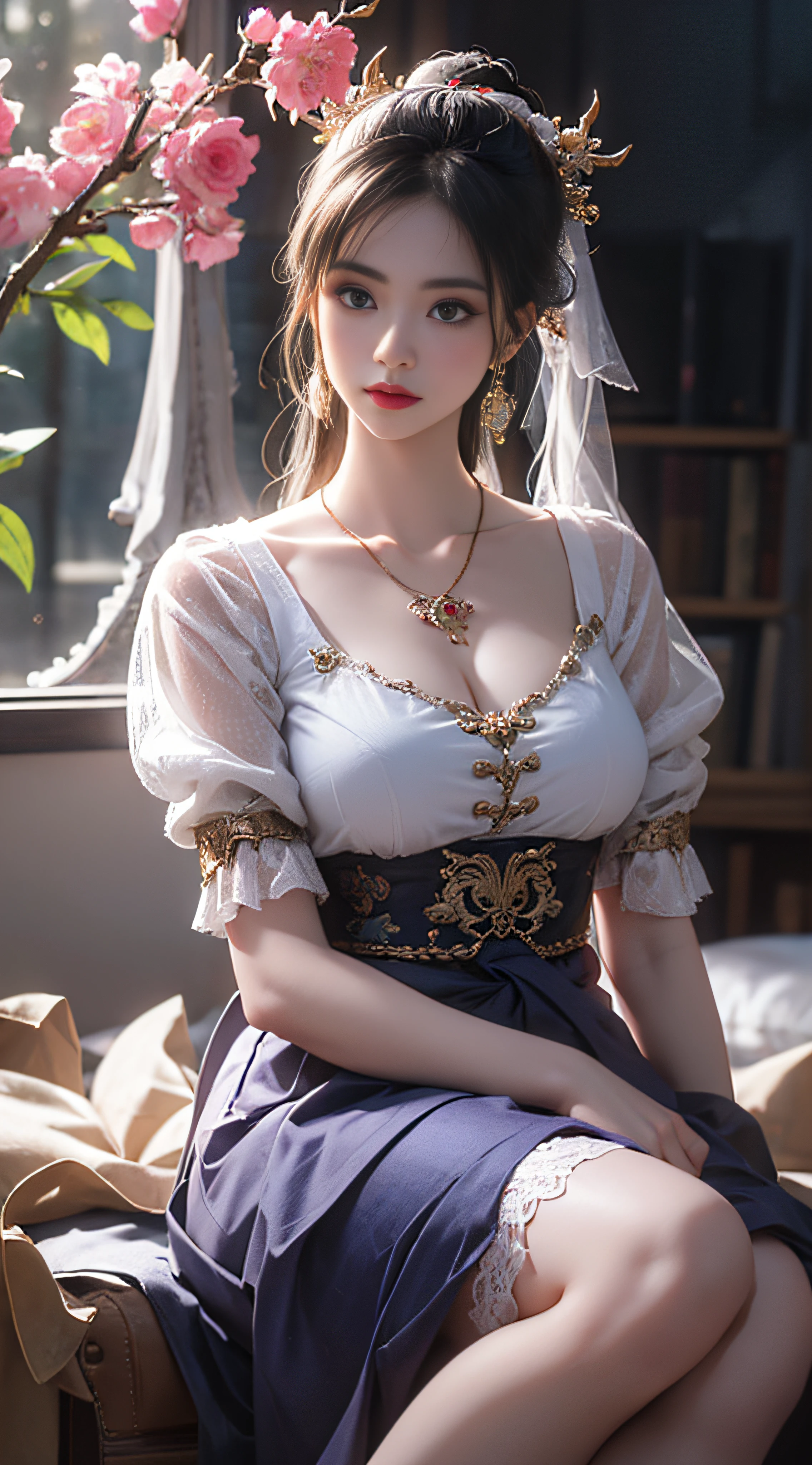 1 belle fille en costume Han, Chemise fine en soie violette blanche，plein de textures, haut en dentelle blanche, Queue de cheval longue en platine violet, ornements de cheveux, bijoux d&#39;oreille, collier et collier, grands yeux violets méticuleusement dessinés, maquillage détaillé, sourcils fins, nez haut, belles lèvres rouges, aucun sourire, lèvres pincées, joues roses, seins larges, gros seins, seins proportionnels, taille fine, Chaussettes résille violettes, Style chinois hanfu, textures artistiques fictives, Les couleurs sont vives et fidèles à la réalité, Photo brute, photo réaliste, photos surréalistes 8k de très haute qualité, (effet de lumière fantastique efficace: 1.8), 10x pixels, effet magique (arrière-plan): 1.8), Yeux hyper détaillés, Portrait complet du corps d&#39;une jeune fille , Origine royale chinoise