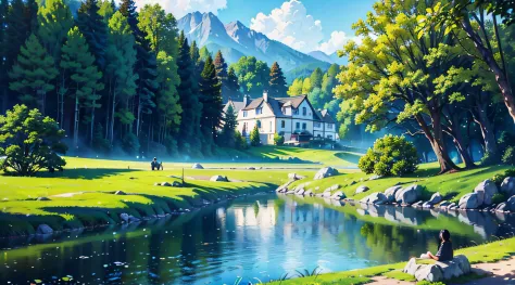 (a house by the river), oil painting, peaceful atmosphere, warm sunlight, lush green trees, sparkling water, reflection of the h...