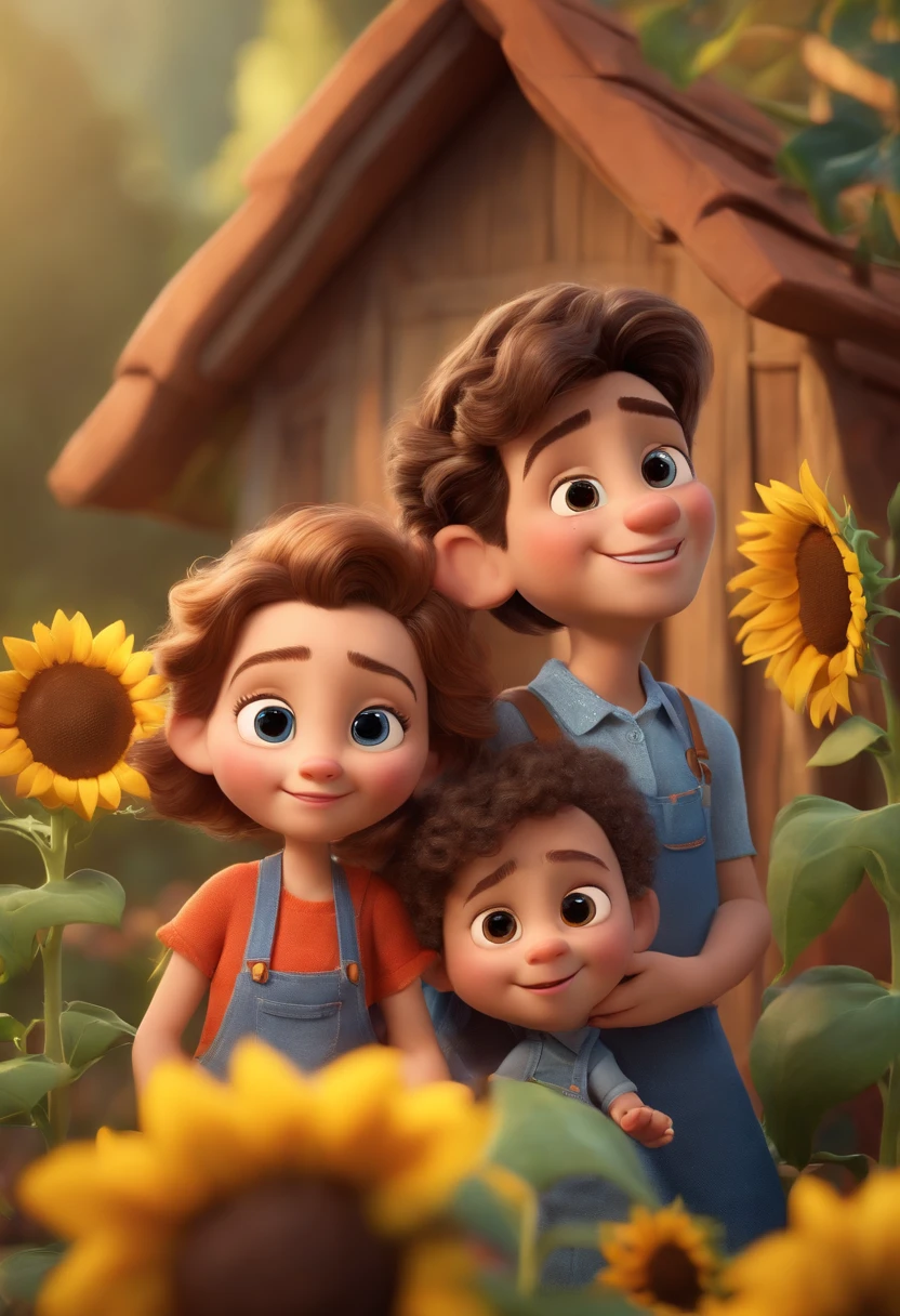 A close up of a cartoon character with two children in a field of  sunflowers - SeaArt AI