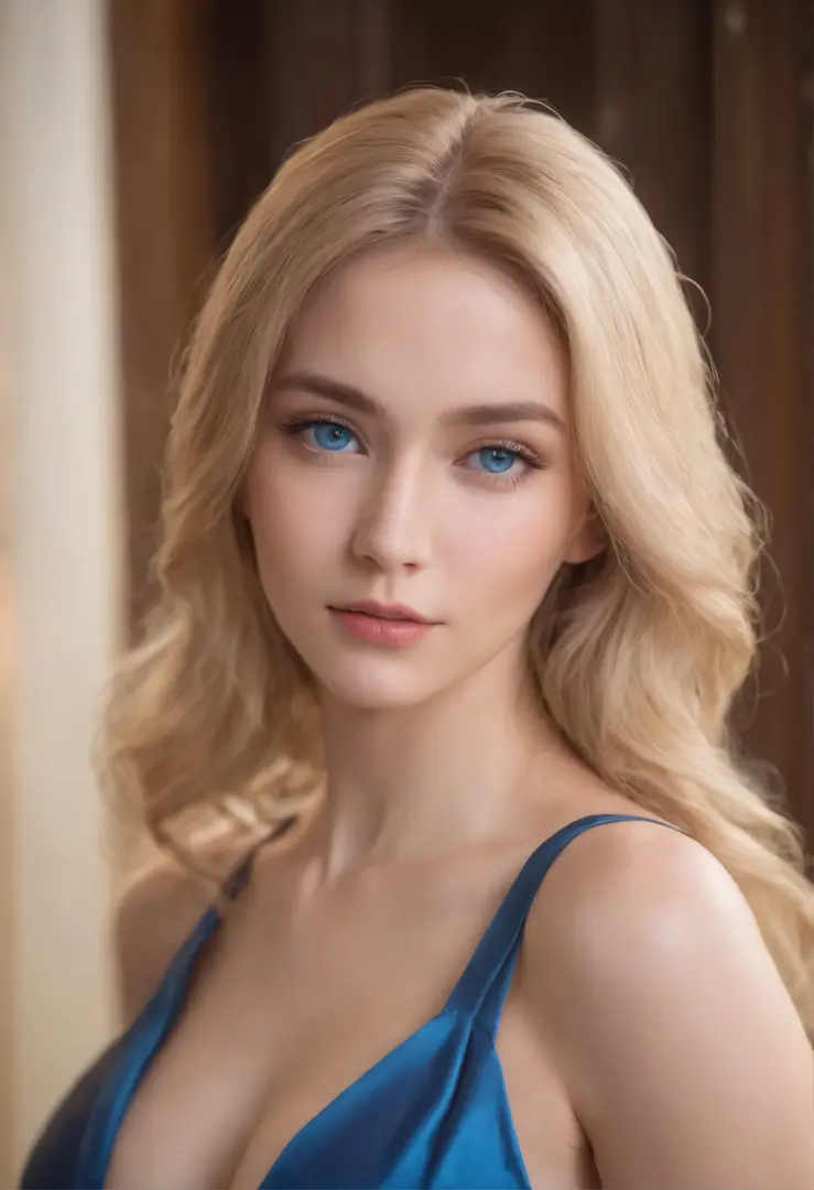Women Realistic Characters，bunky Blonde Hair Blue Silk Dress，breast Show，blue Eyes Big 3242