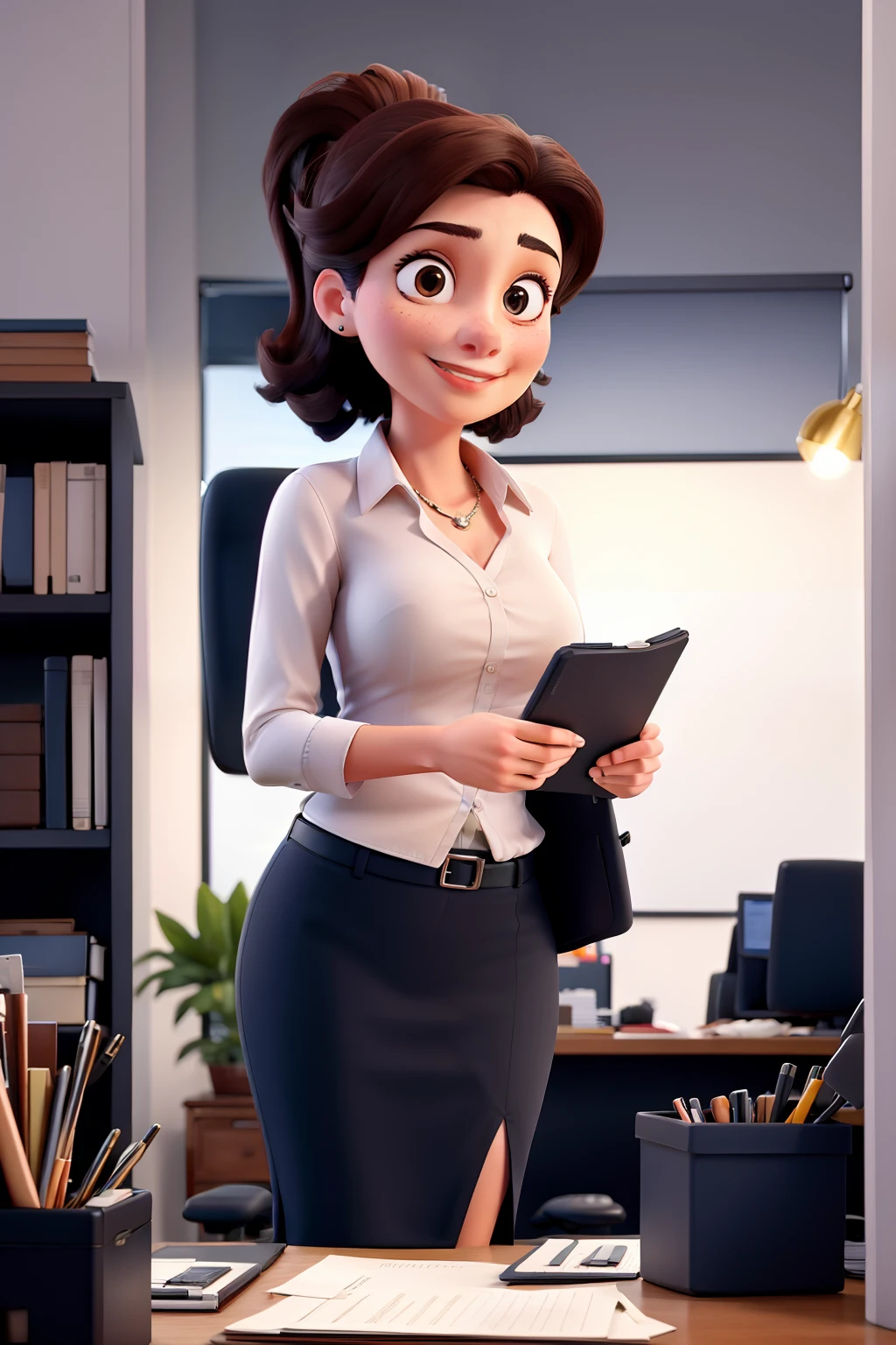 A cartoon woman in a skirt and shirt holding a tablet - SeaArt AI