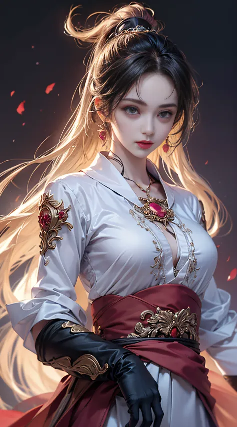 1 beautiful girl in Han costume, ((White thin purple silk shirt，Full of texture)), white lace top, Long purple platinum ponytail...