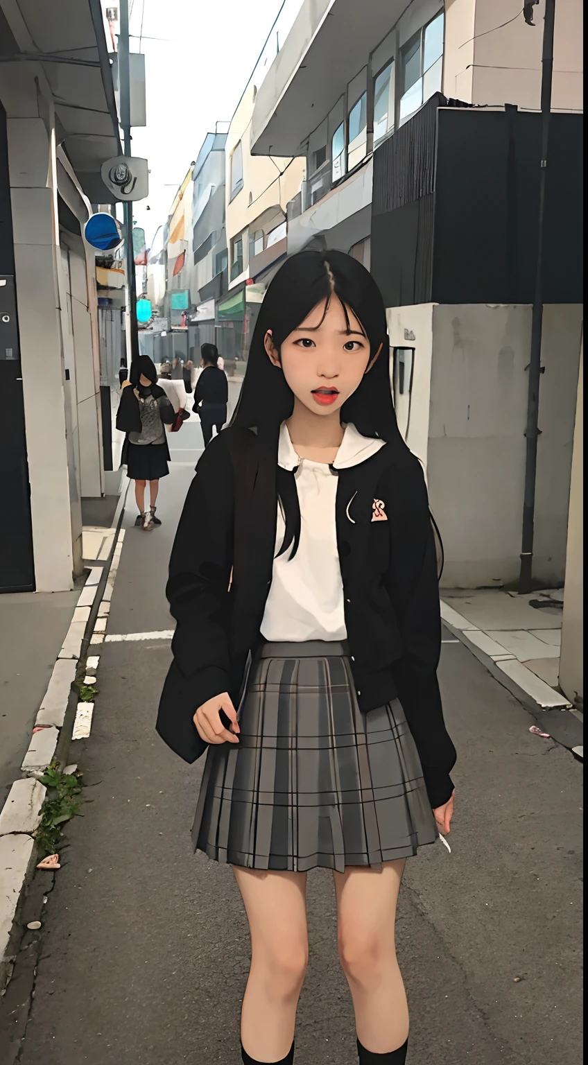 Arafed asian girl in a school uniform standing on a street - SeaArt AI