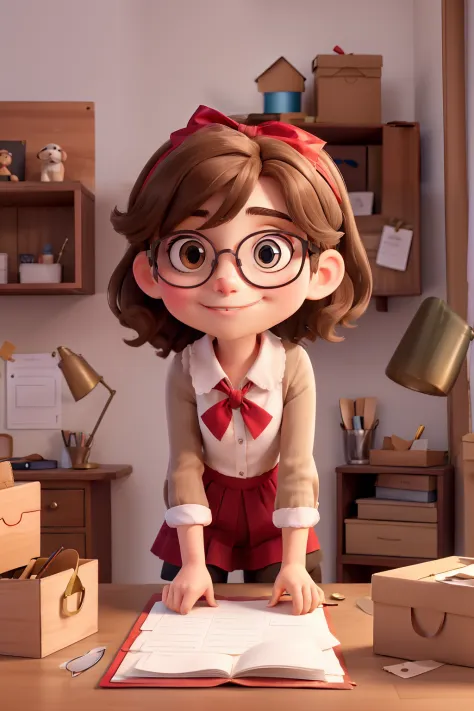 Light brunette girl wearing glasses, Working with scissors and papers, Making Custom Boxes with Satin Ribbon and Bows with Custom Elis Machado Writing Boxes