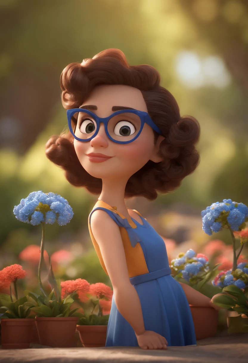 Zeichentrickfigur einer Frau mit schwarzer Brille und blauem Kleid mit kleinen Blumen, lockiges mittelbraunes Haar, Übergröße, Zeichentrickfigur, stilisierter Charakter, Rendering im Animationsstil, 3D stilisiert, Arnold Maya-Rendering, 3D-Rendering stilisiert, Toon-Render-Keyshot, 3D-Charakter, 3D-Charakter, 3D-Rendering stilisiert, 3D-Charakter-Rendering, Zeichentrickfigur, Nahaufnahmecharakter, Charakterpose,  (Pixar-Stil) (Meisterteil:1.2) (Bokeh) (beste Qualität) (detaillierte Haut) (detaillierte Textur) (8k) (Ton) (Filmische Beleuchtung) (scharfer Fokus