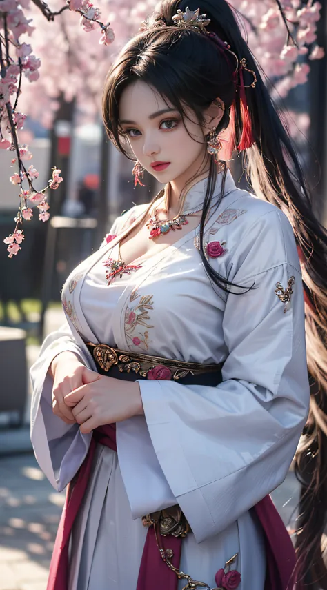 1 beautiful girl in han costume, white thin purple silk shirt，full of texture, white lace top, long ponytail in purple platinum,...