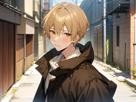 masutepiece, Best Quality, High quality, 1boy, Solo, Male Focus, Looking at Viewer, upper body ,Brown eyes, Blonde hair, parka,background is back alley