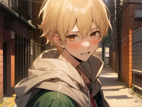 masutepiece, Best Quality, High quality, 1boy, Solo,Forcibly withdraw, Male Focus,yandere, Looking at Viewer, upper body ,Brown eyes, Blonde hair, parka,background is back alley,