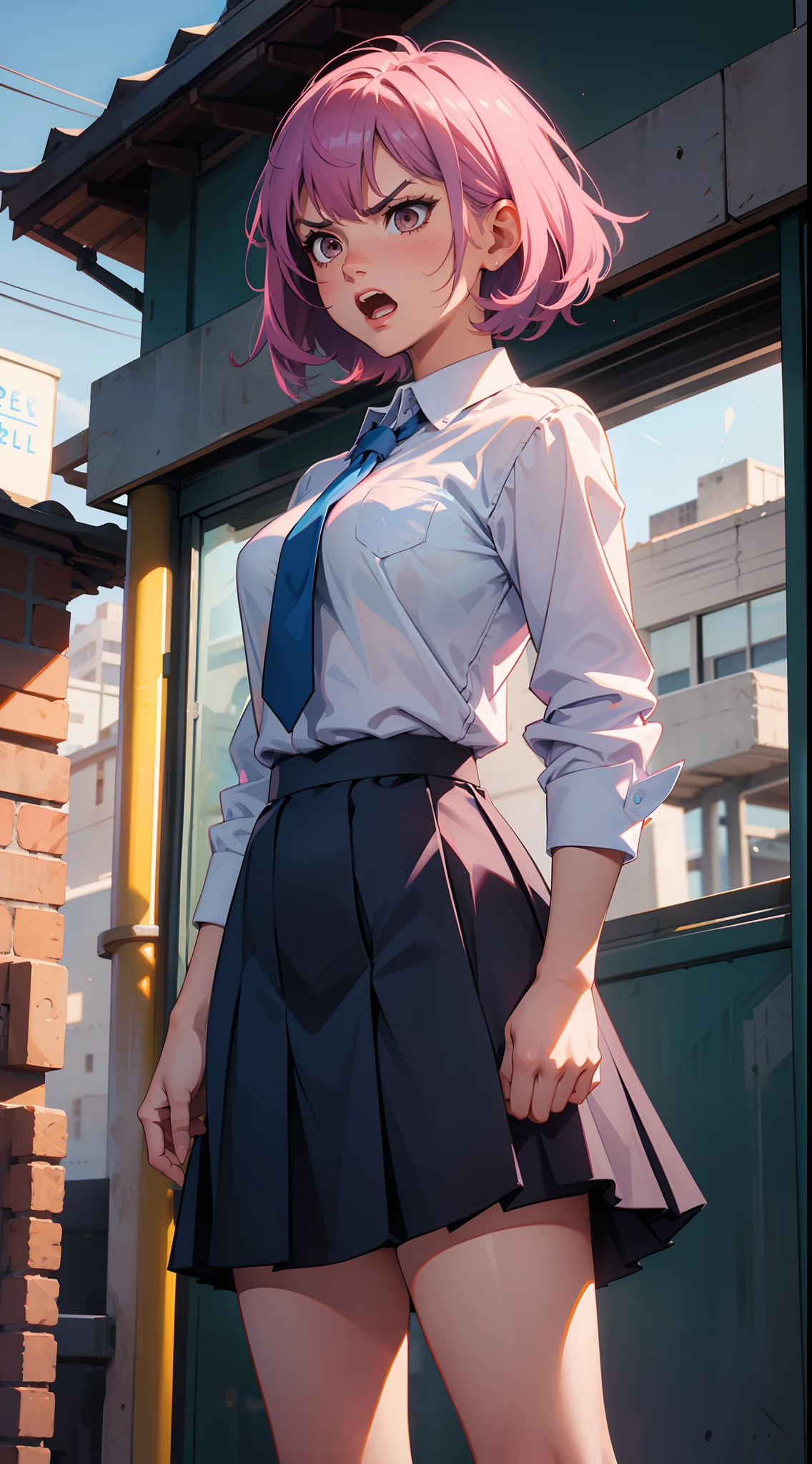 1girl, mature female,angry face,open mouth,medium breasts,white shirt,blue skirt,blue tie,dark pink hair,medium hair,brown eyes,cowboy shot,((standing in a school yard))